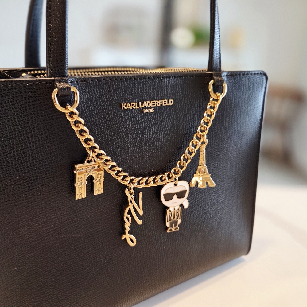 Karl Lagerfeld Black Saffiano Leather Satchel Crossbody with Gold Hardware - Picture 3 of 13